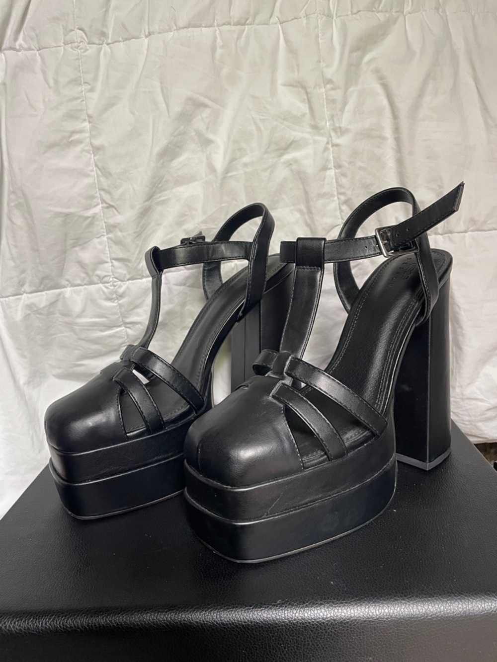 ASOS Black Platform T-Strap Block Heel Sandals